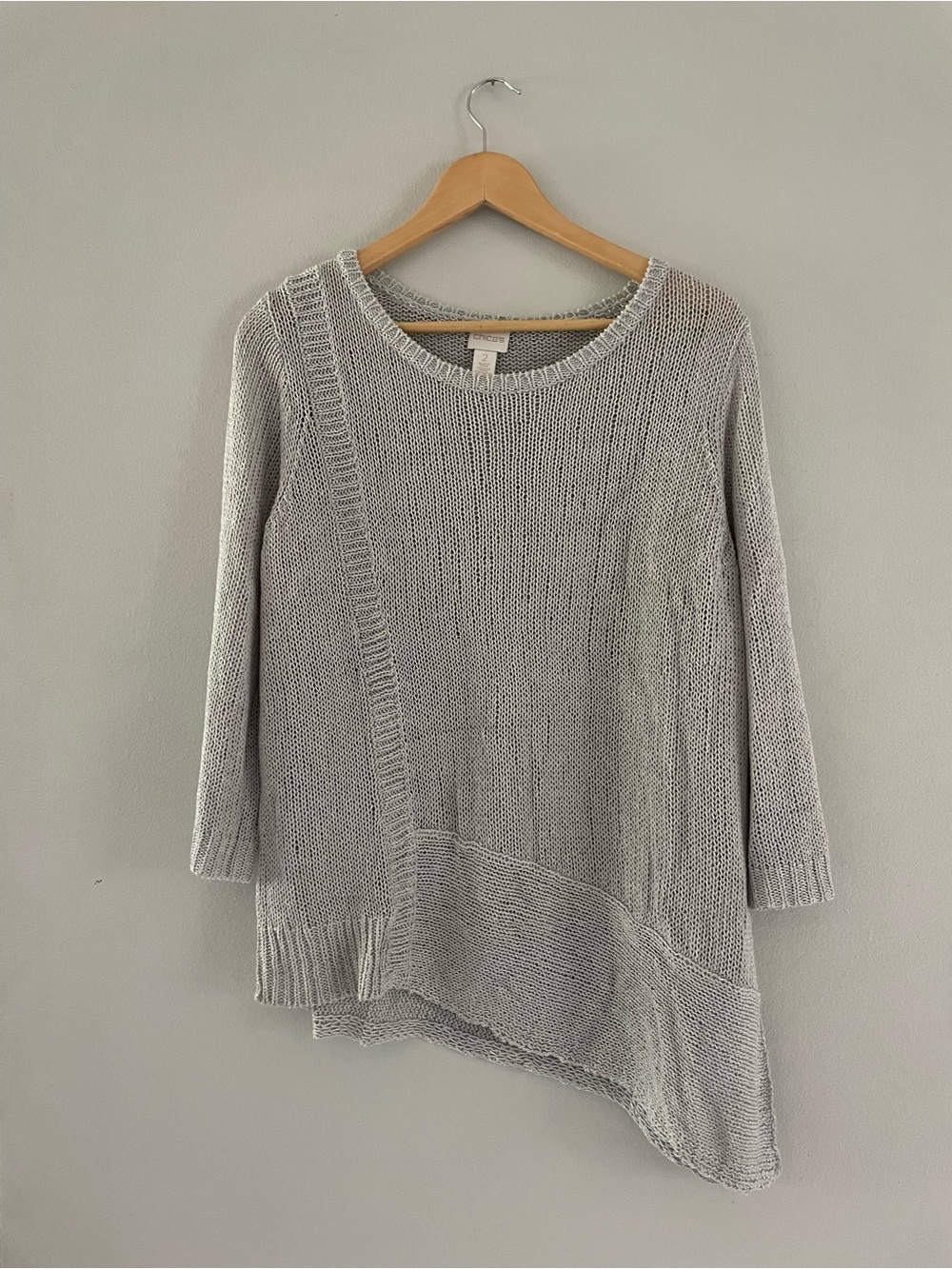 Chicos Light Gray & Metalic Open Knit Asymmetrical Knit Sweater - Picture 1 of 5
